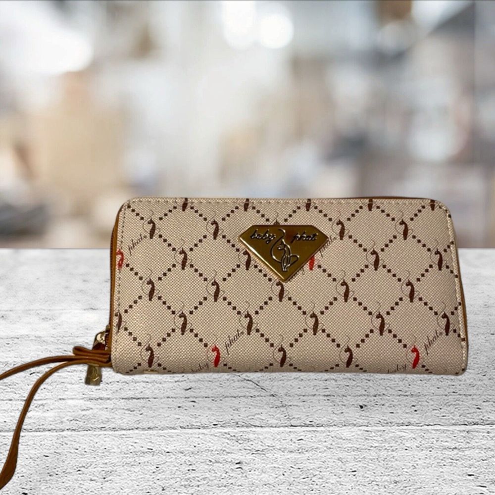 Y2K BABY PHAT Wristlet Clutch TAN Beige RED Brown Strap CAT LOGO